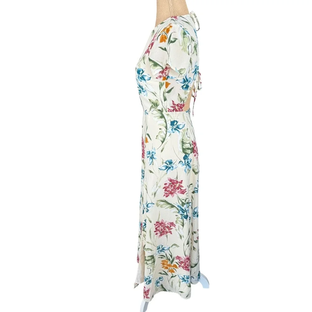 Lulus XS Floral Midi Dress Tie Back Slit‎ Tropical Summer Vacation